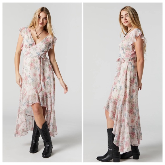 Streetwear Society Dresses & Skirts - White Floral Print Self Tie High-Low Midi Dress.